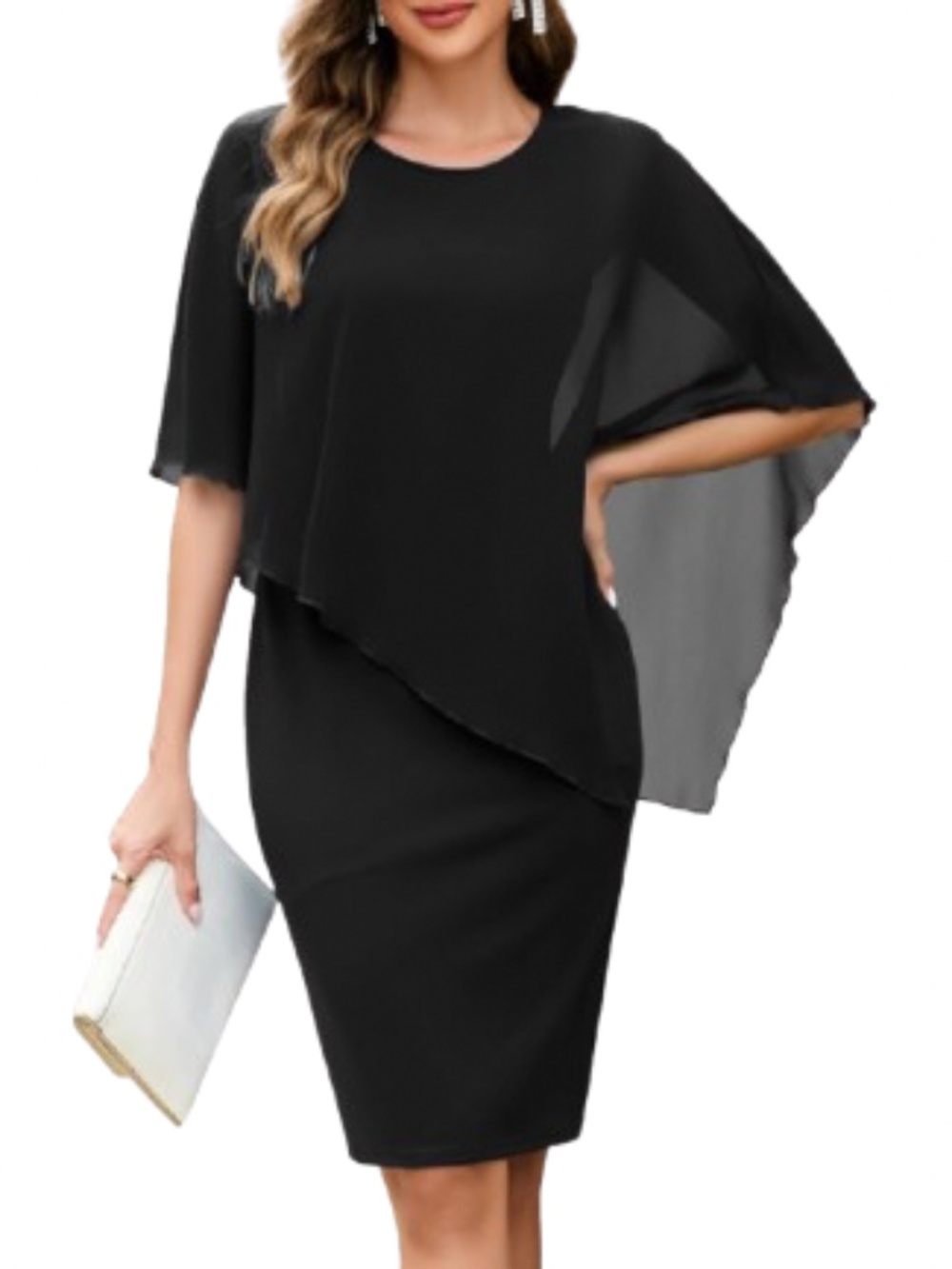 Women's Black Sleeveless Cape Chiffon Overlay Bodycon Pencil Dress Size Medium